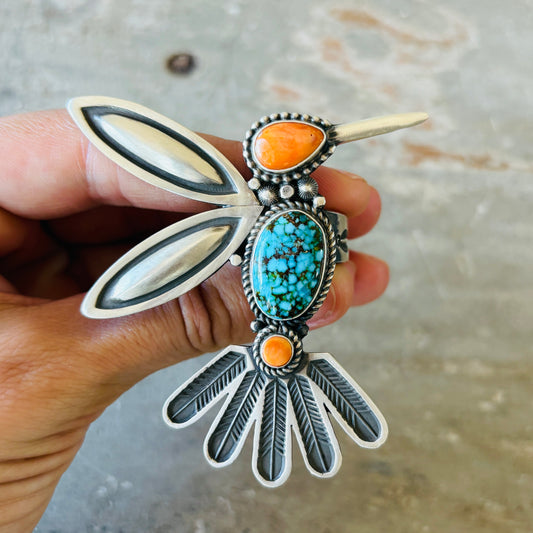 Navajo Herman Smith Sterling Silver - Orange Spiny & Spiderweb Kingman Hummingbird Ring