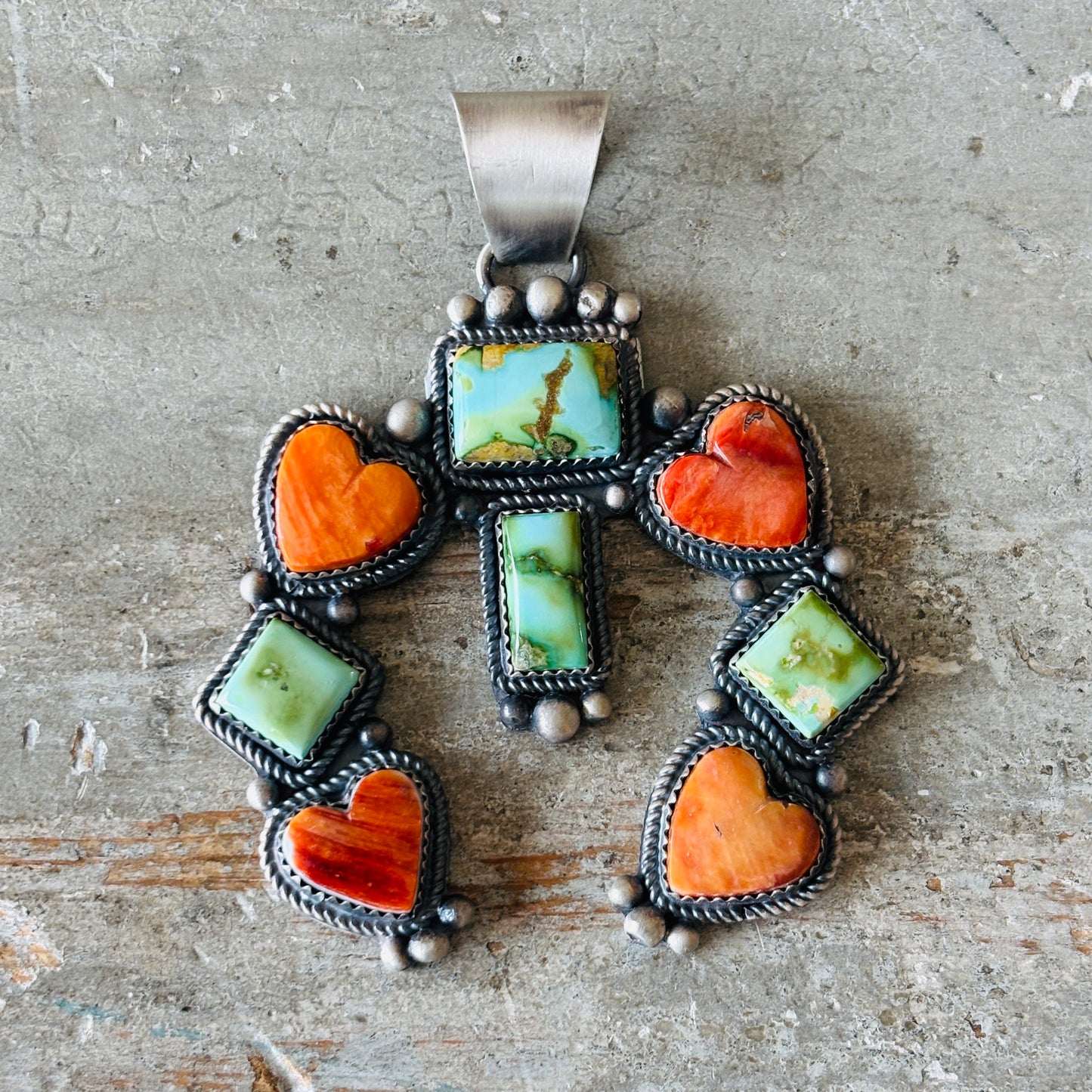 Navajo La Rose Ganadonegro Sterling Silver - Red - Orange Spiny & Sonoran Turquoise Naja Pendant
