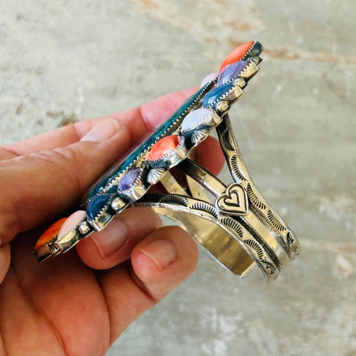Navajo Hemerson Brown Sterling Silver & Dichroic Polymer Clay Multi Stone Cluster Cuff