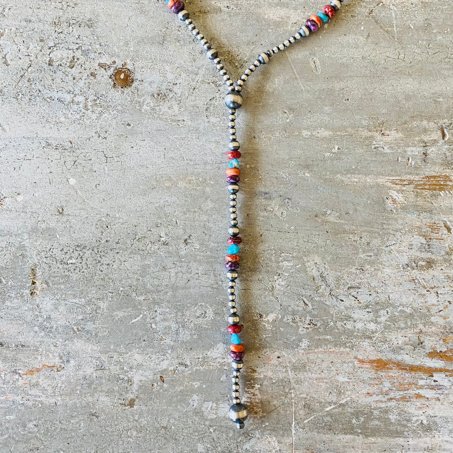 Navajo Strung Sterling Silver Machine Made Pearls & Fiesta Lariat Necklace