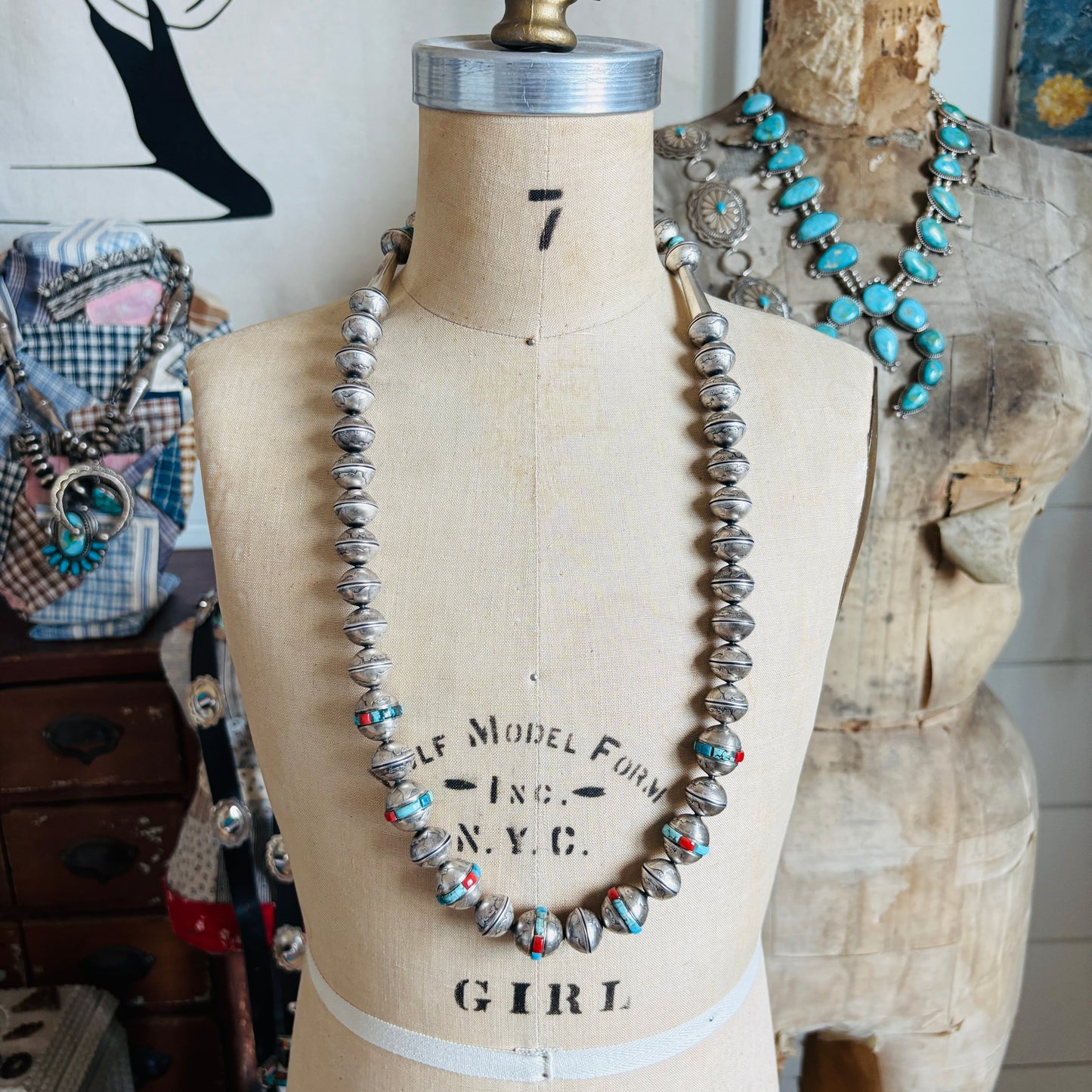 Navajo James McCabe Sterling Silver - Turquoise & Red Coral Inlay Liberty Dime Beads Necklace