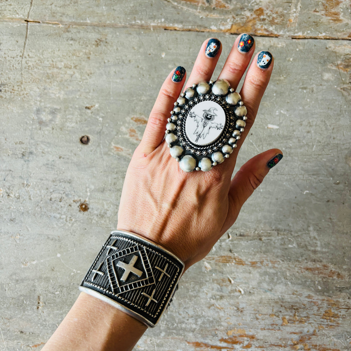 Navajo Kindale Billah Sterling Silver & Ceramic Scarecrow Ring