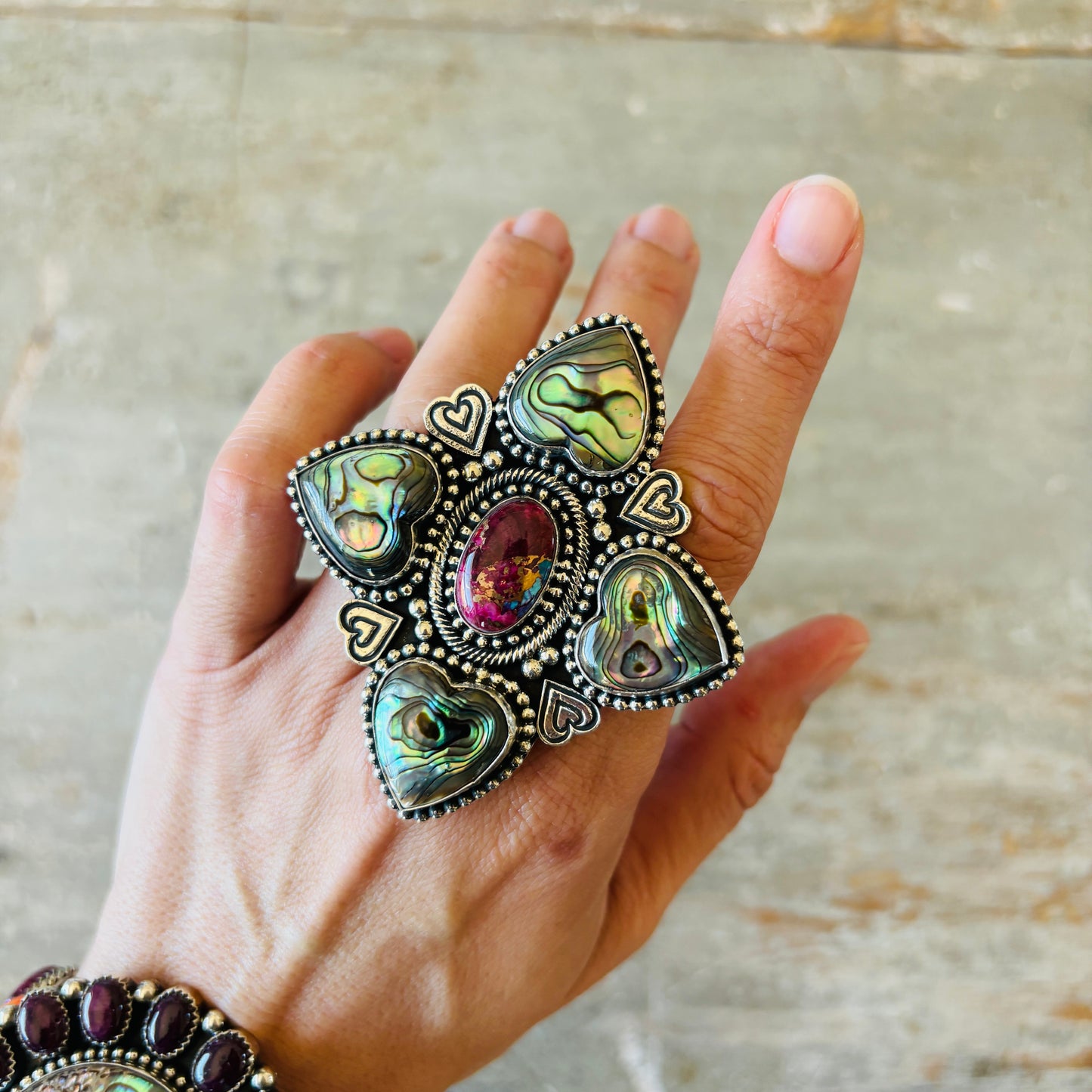 Navajo Hemerson Brown Sterling Silver - Abalone & Purple Dahlia Mojave Hearts Ring