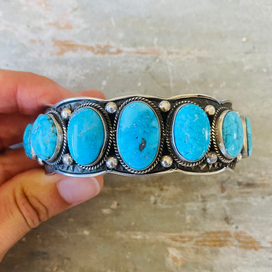 Navajo Darrell Cadman Sterling Silver & Kingman Turquoise 7 Stone Cuff