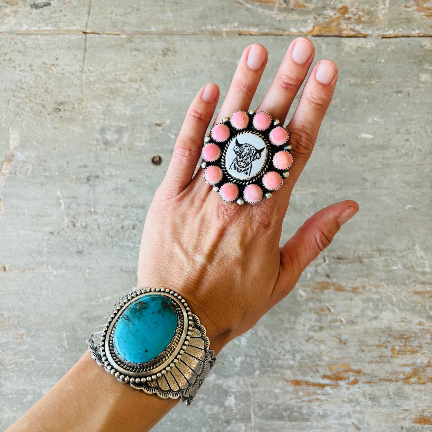 Navajo Kindale Billah Sterling Silver & Pink Conch Highland Cow Ring