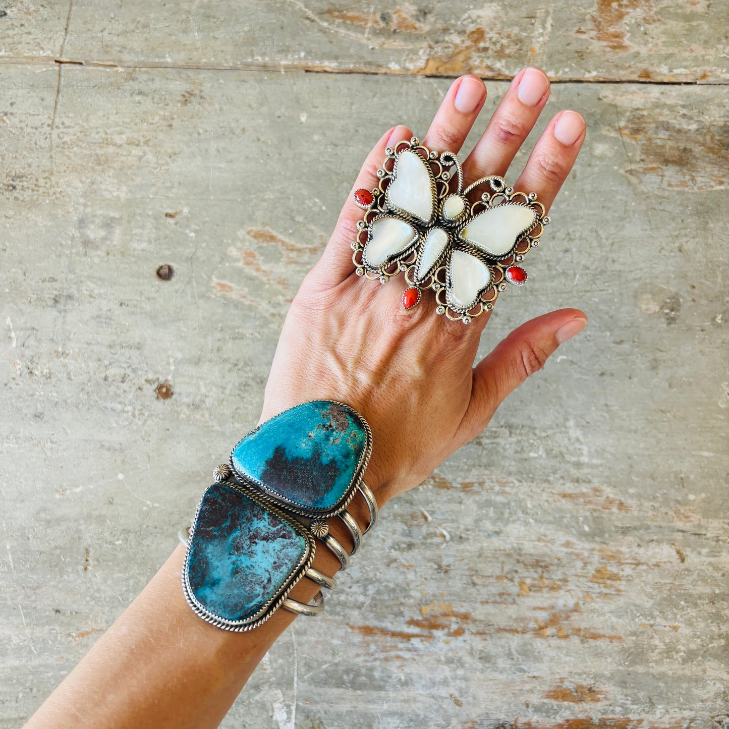 Navajo Hemerson Brown Sterling Silver - Red Coral & MOP Butterfly Statement Ring
