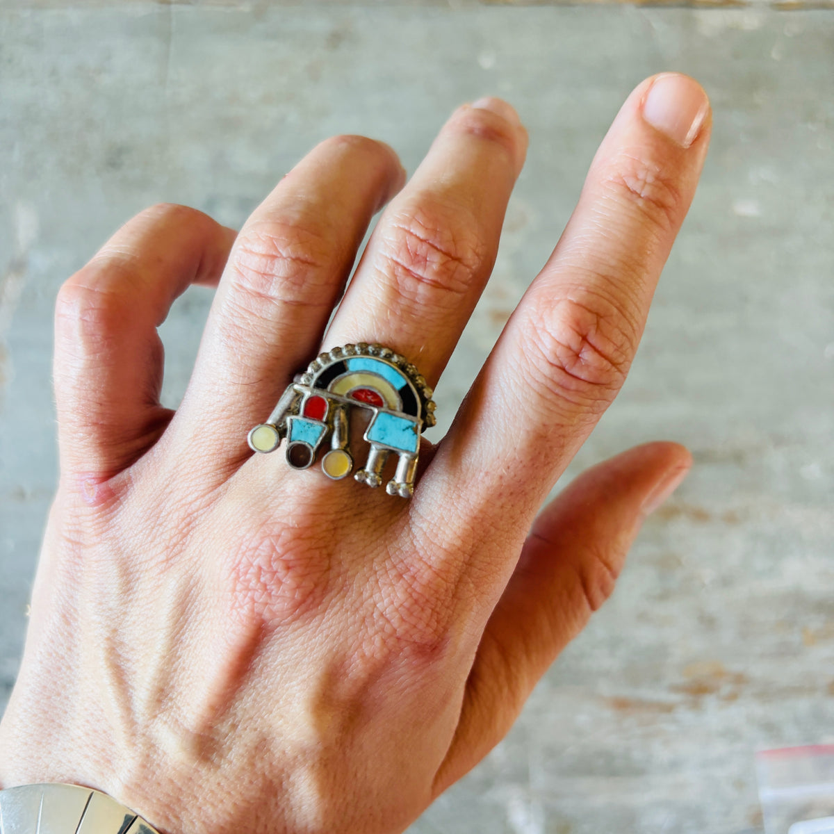 Vintage Zuni Sterling Silver Multi Stone Inlay Rainbow Man Ring
