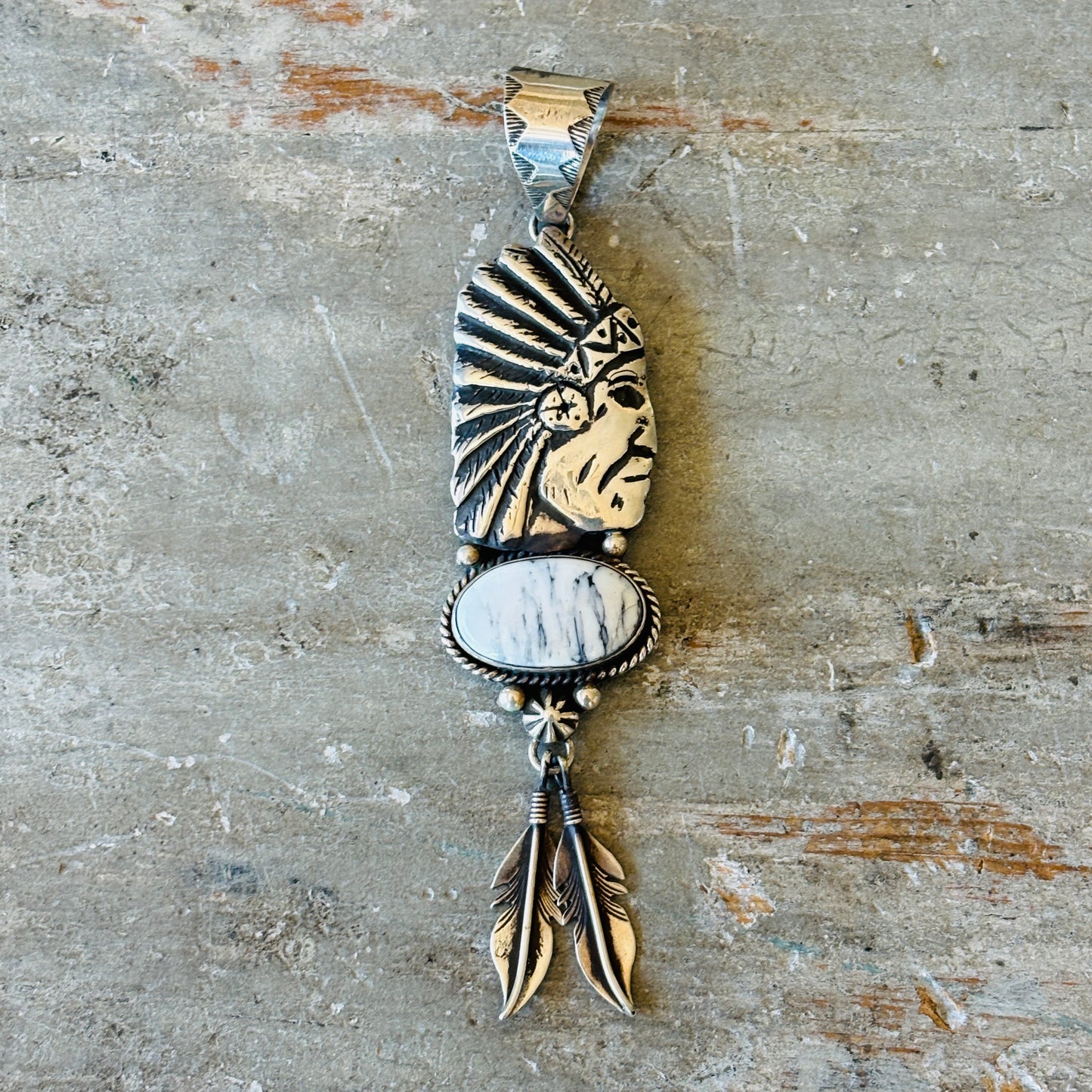 Navajo Edmund Piasso Sterling Silver & White Buffalo Chief Feathers Pendant