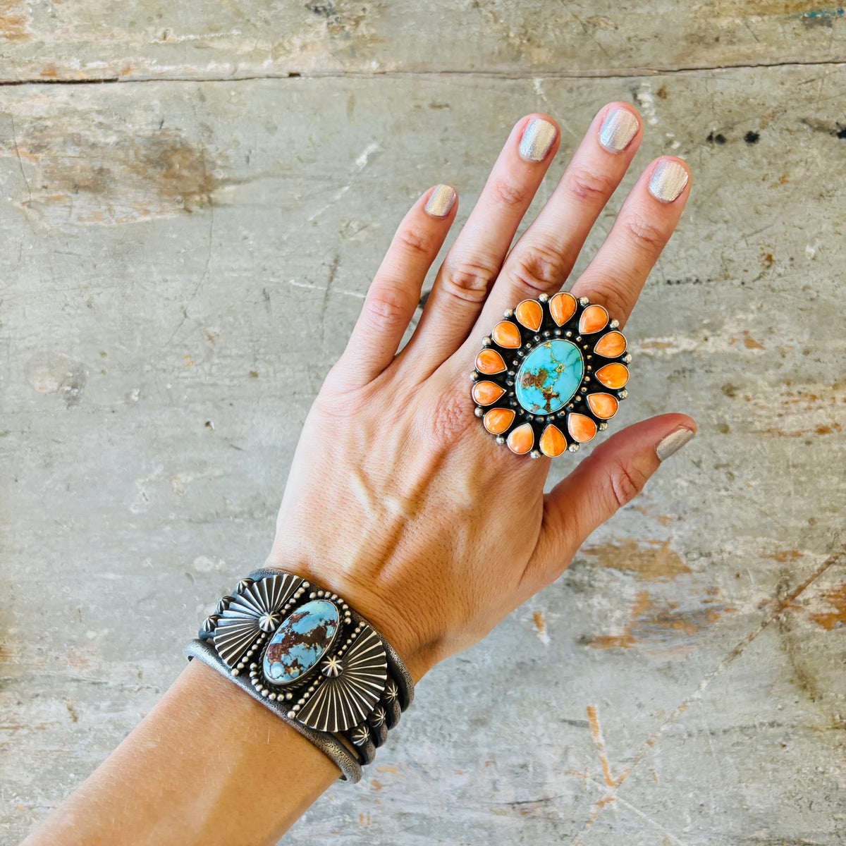 Navajo Herman Smith Sterling Silver & Golden Hills Turquoise Tufa Cast Cuff