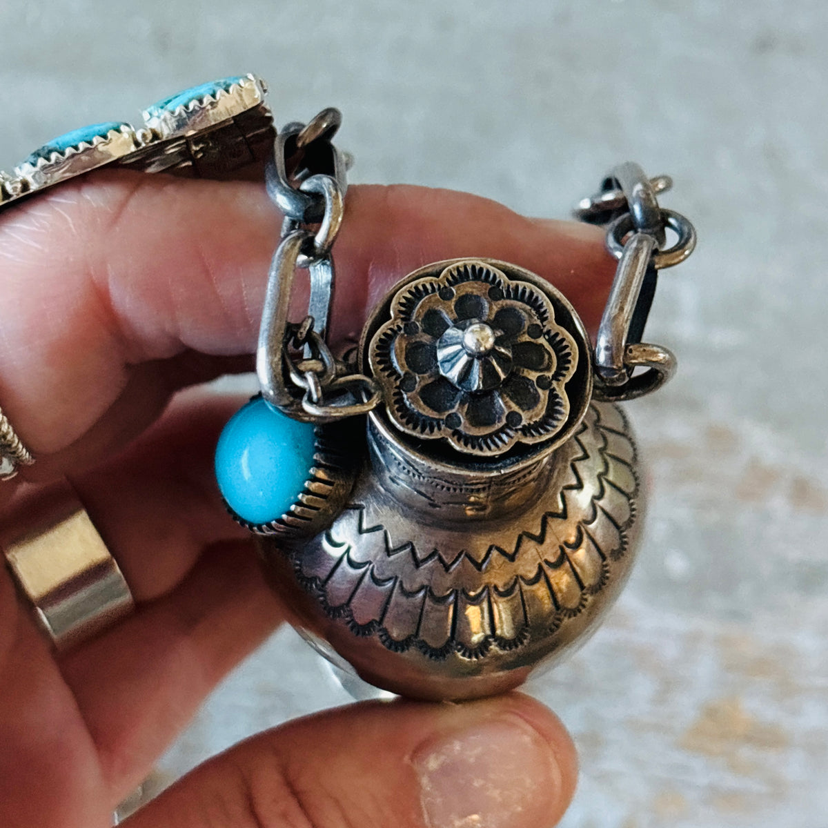 Vintage Navajo Mark Yazzie Sterling Silver & Sleeping Beauty Turquoise Blossom Necklace