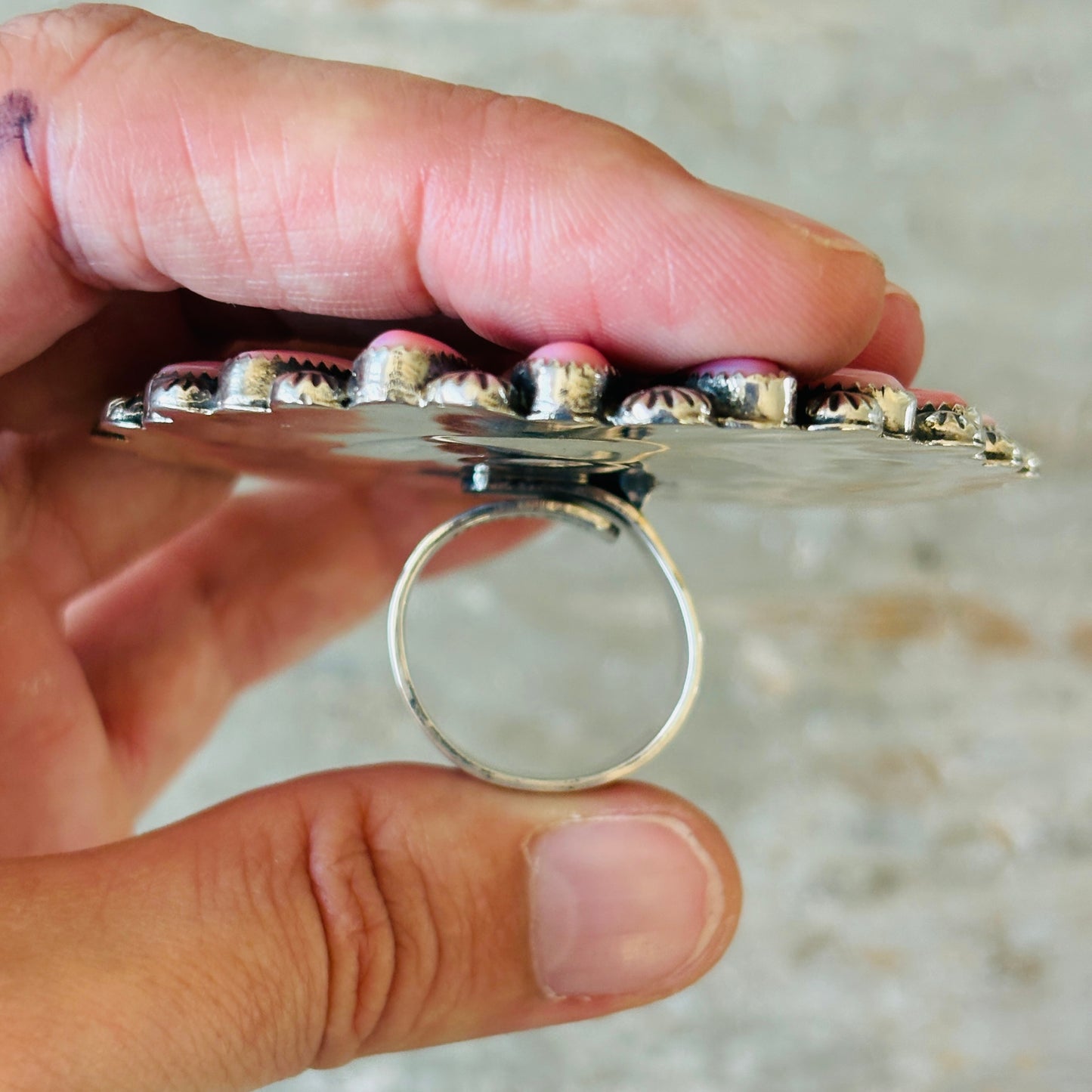 Navajo Hemerson Brown Sterling Silver & Pink Conch Cluster Statement Ring