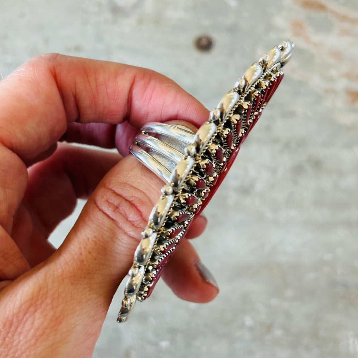 Navajo Yazzie Sterling Silver & Mediterranean Red Coral Cluster Statement Ring