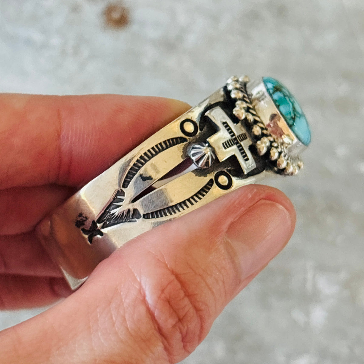 Navajo Happy Piasso Sterling Silver & Web Kingman Turquoise Cross Stacker Cuff