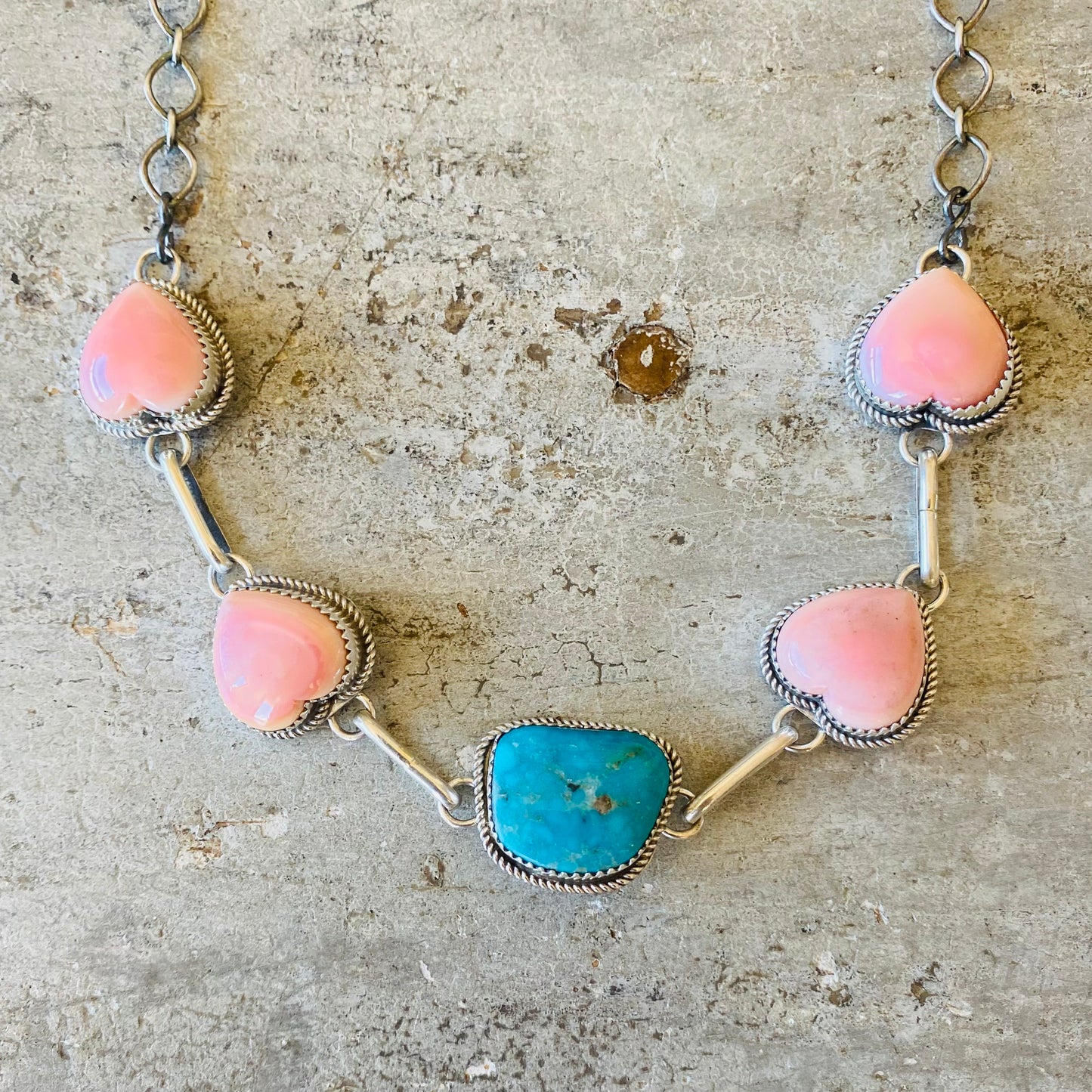 Navajo Tia Long Sterling Silver Pink Conch & Kingman Turquoise Heart Choker