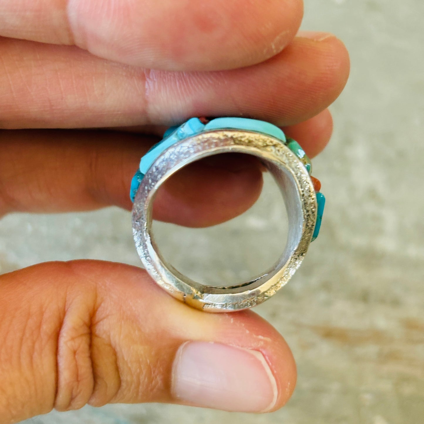 Navajo Lester James Sterling Silver - Red Coral & Multi Turquoise Cobblestone Tufa Cast Ring