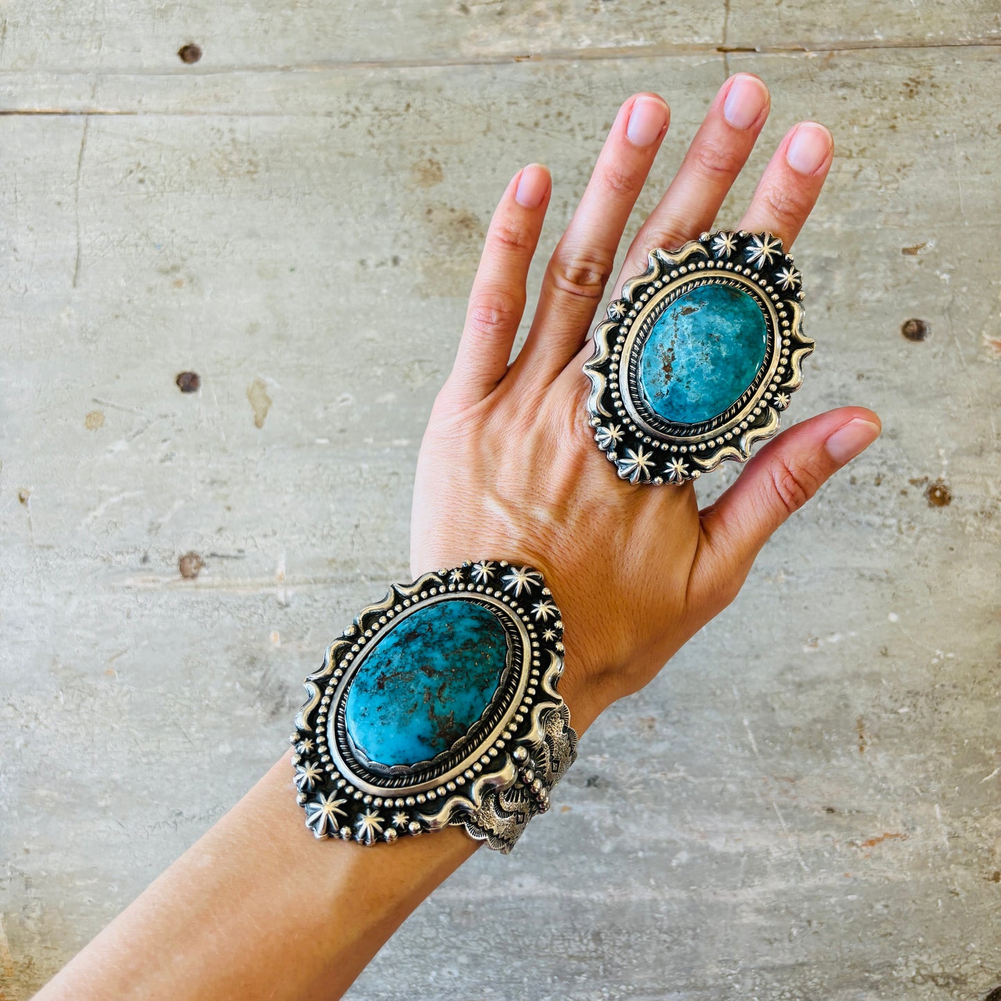 Navajo Glenn Livingston Sterling Silver & Desert Rose Turquoise Statement Cuff