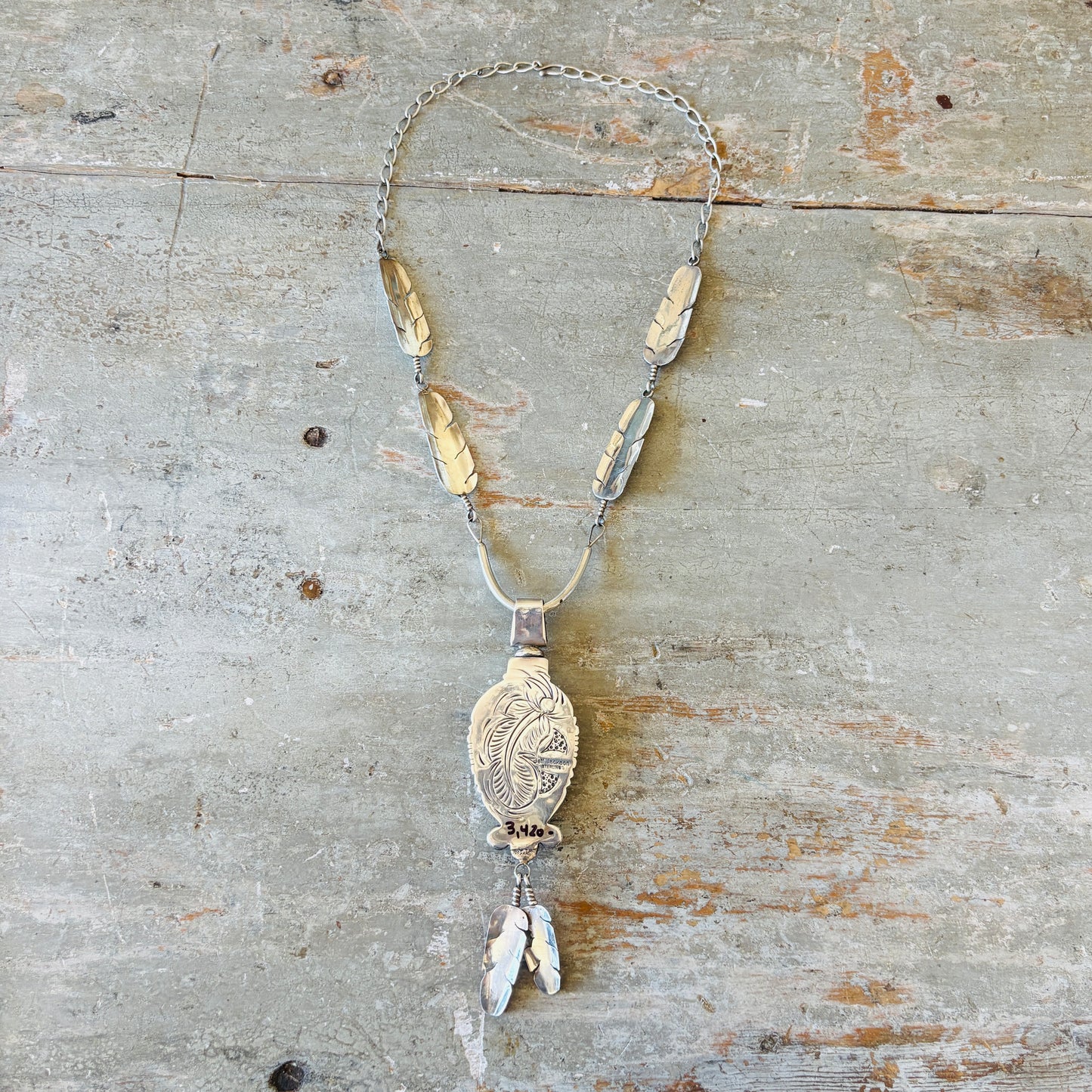 Vintage Navajo Jeff Jackson Sterling Silver Feathers Statement Necklace