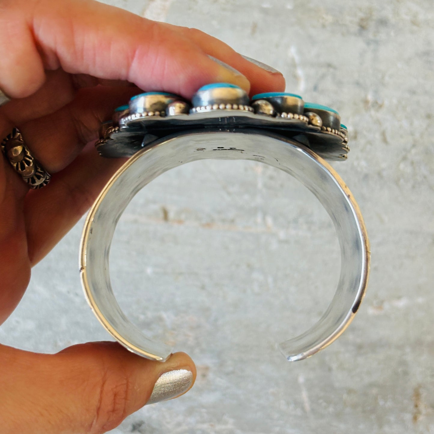 Navajo Braxton Parkett Sterling Silver & Kingman Turquoise Cluster Cuff