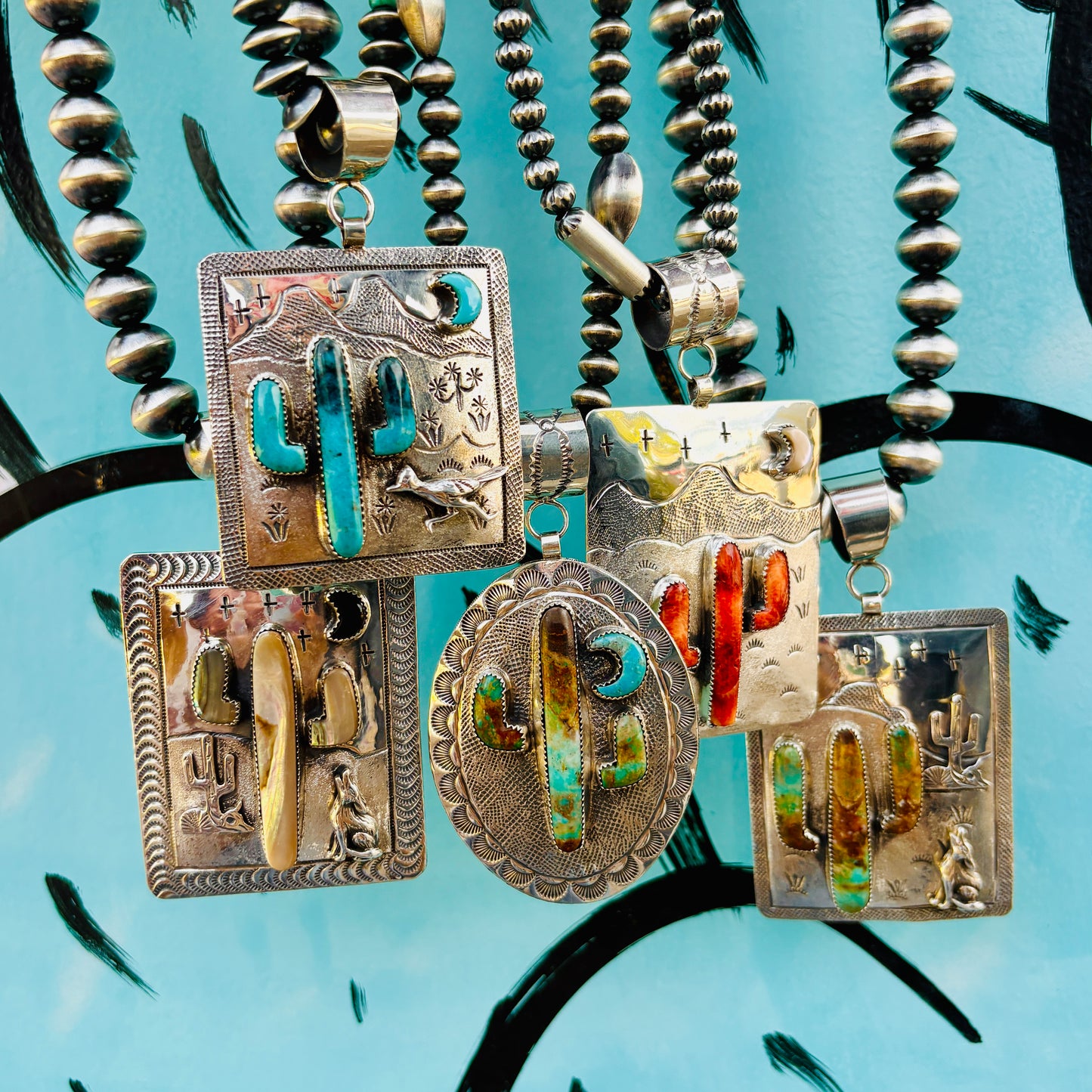 Navajo Hemerson Brown Sterling Silver & Kingman Turquoise Cactus Pendant