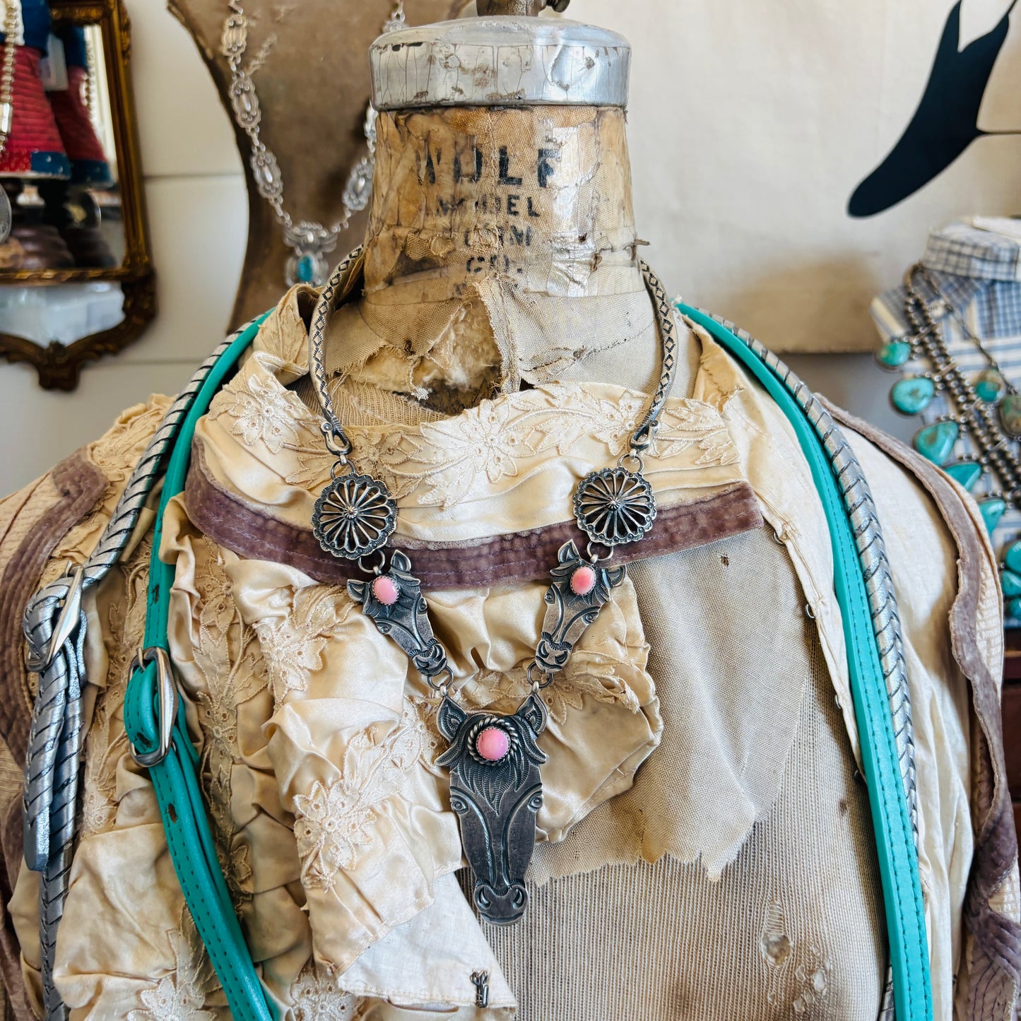 Navajo Kindale Billah Sterling Silver & Pink Conch Horses Necklace