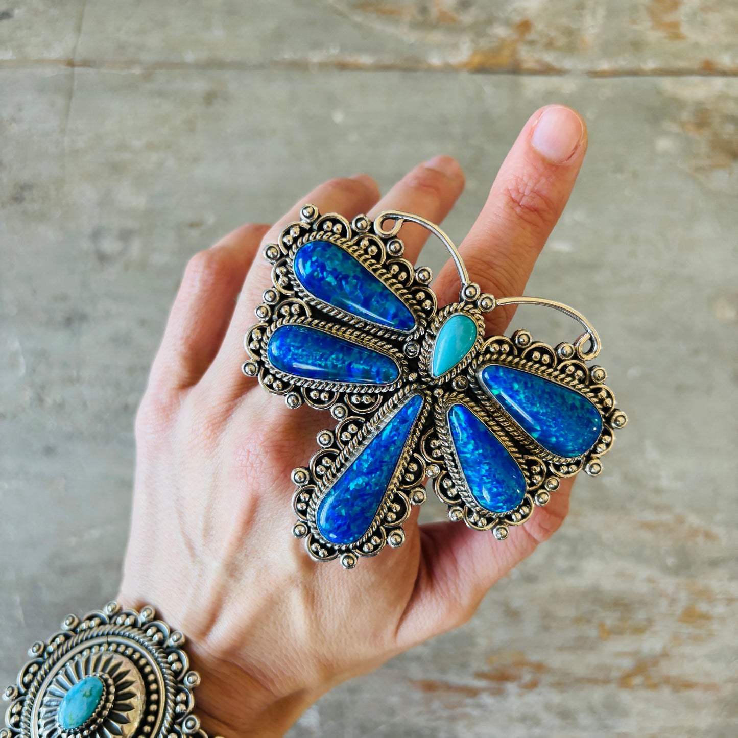 Navajo Hemerson Brown Sterling Silver - Blue Lab Opal & Sleeping Beauty Turquoise Dragonfly Ring