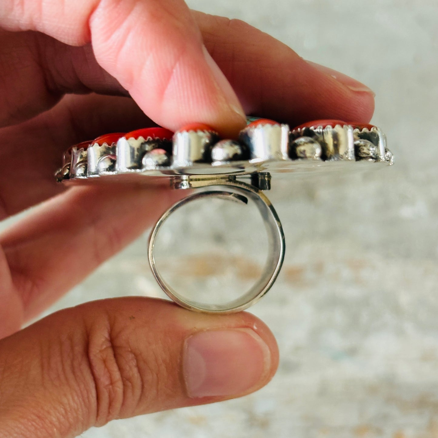 Navajo Hemerson Brown Sterling Silver - Red Coral & #8 Turquoise Cluster Statement Ring