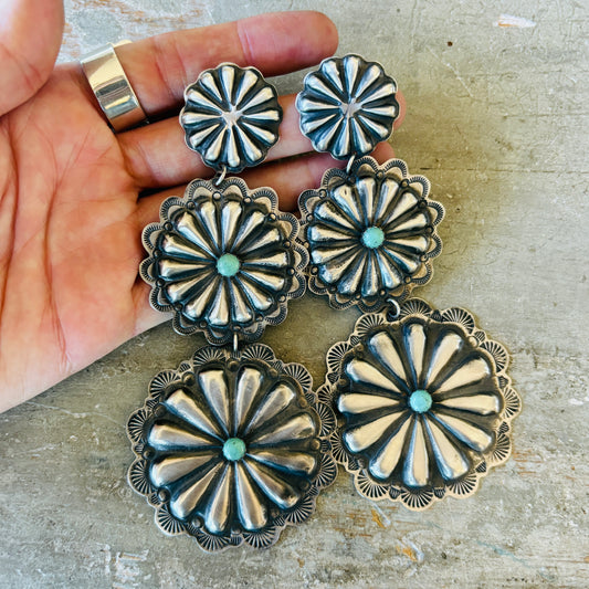 Navajo Landoll Benally Sterling Silver & Kingman Turquoise Concho Statement Earrings