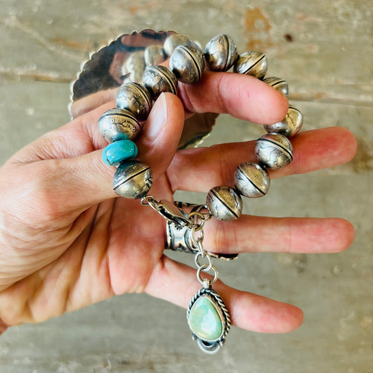 Navajo James McCabe Sterling Silver - Royston & Kingman Turquoise Liberty Dimes Beads Bracelet