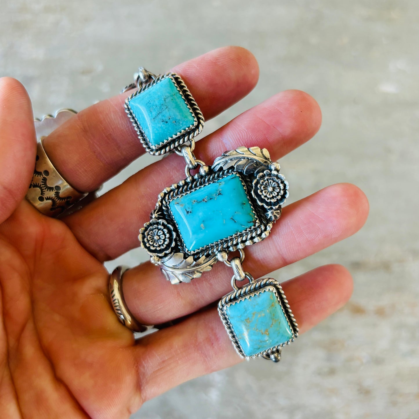 Navajo Brenda Jimenez Sterling Silver & Kingman Turquoise Floral Toggle Bracelet