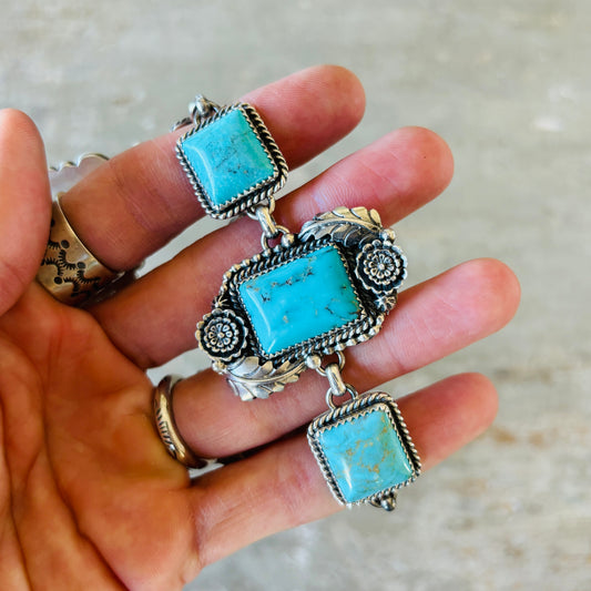 Navajo Brenda Jimenez Sterling Silver & Kingman Turquoise Floral Toggle Bracelet