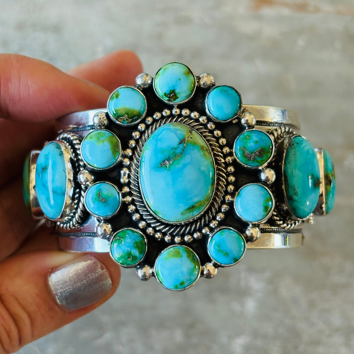 Navajo Hemerson Brown Sterling Silver & Sonoran Turquoise Cluster Statement Cuff