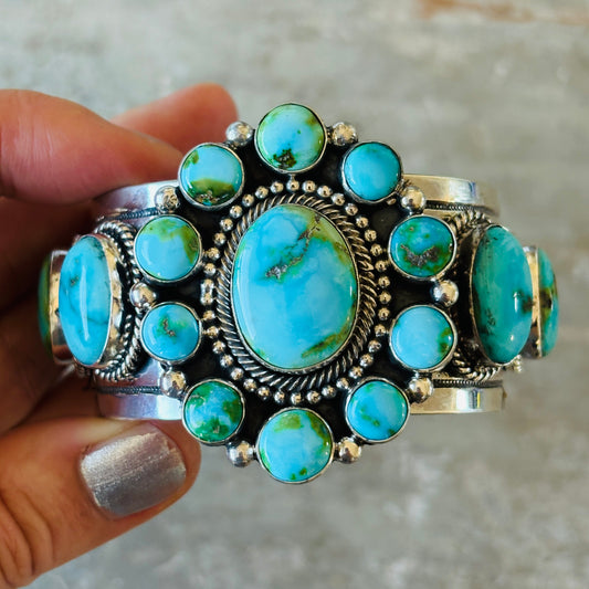 Navajo Hemerson Brown Sterling Silver & Sonoran Turquoise Cluster Statement Cuff