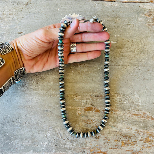 Navajo Preston Haley Sterling Silver & Campitos Turquoise 7mm - 9mm Alternating Saucer - Round Pearls Necklace