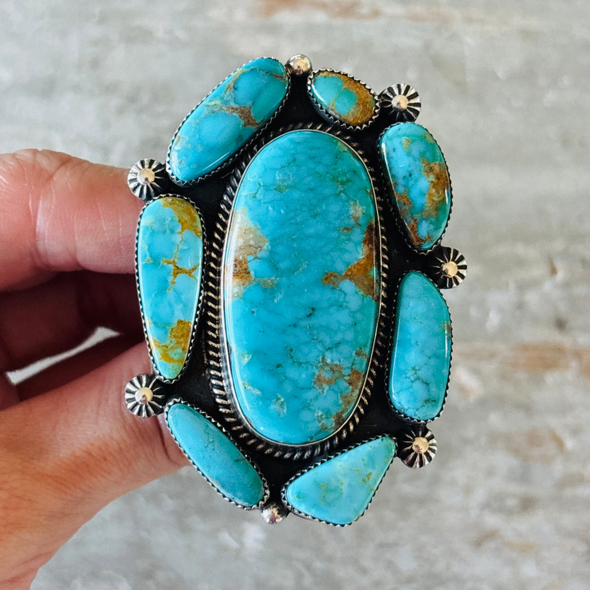 Navajo Hemerson Brown Sterling Silver & Kingman Turquoise Cluster Statement Ring