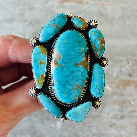 Navajo Hemerson Brown Sterling Silver & Kingman Turquoise Cluster Statement Ring