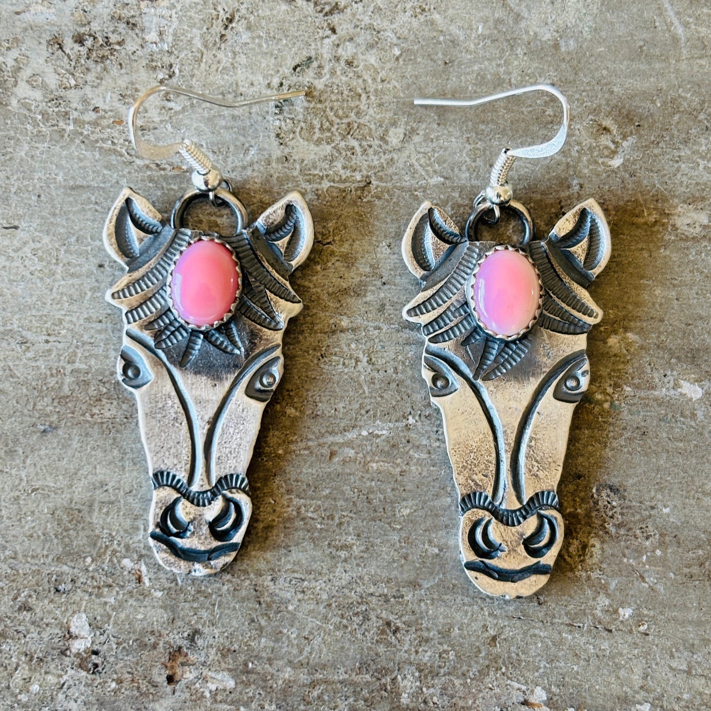 Navajo Kindale Billah Sterling Silver & Pink Conch Horse Earrings