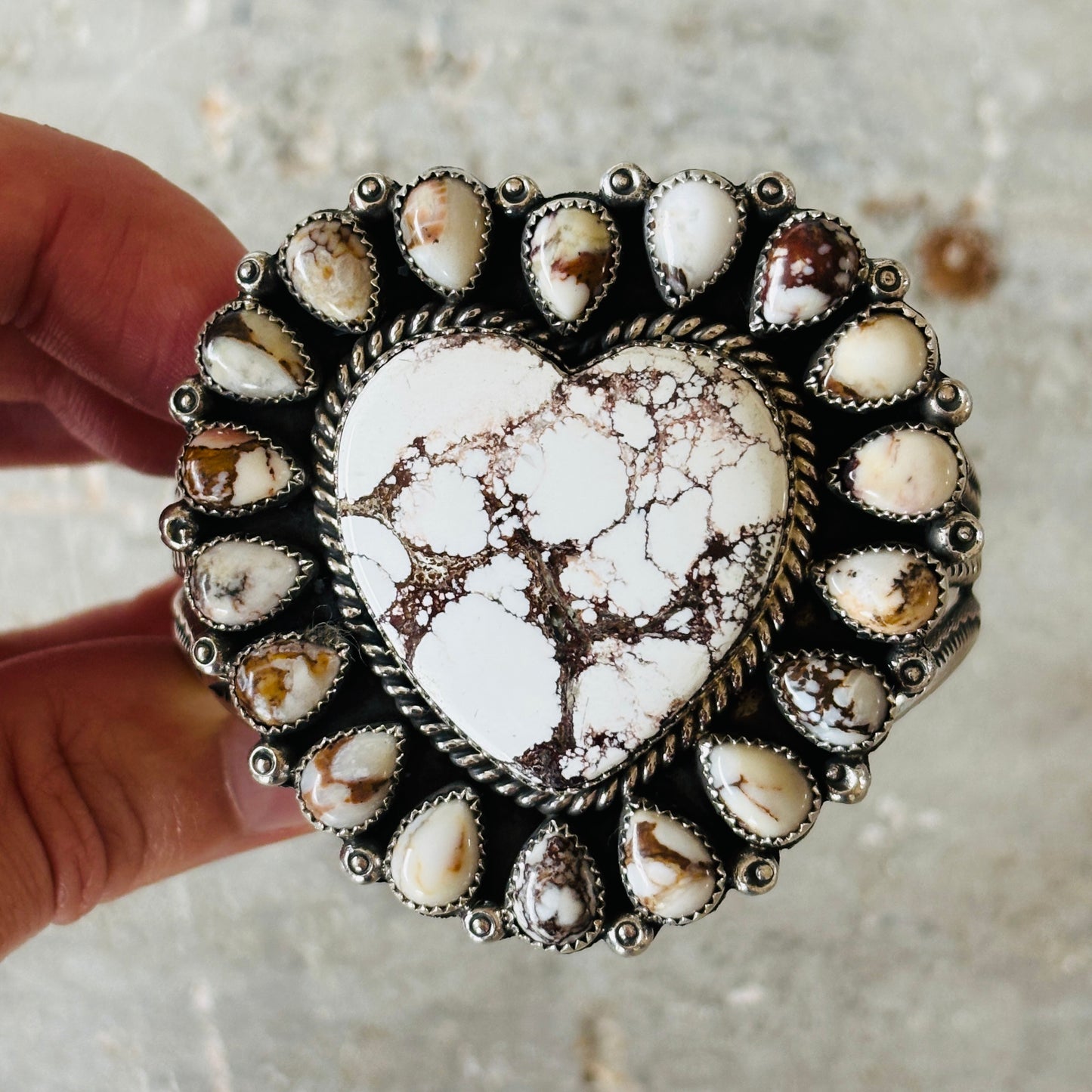 Navajo Hemerson Brown Sterling Silver & Wild Horse Jasper Heart Cluster Cuff