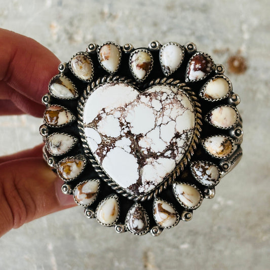 Navajo Hemerson Brown Sterling Silver & Wild Horse Jasper Heart Cluster Cuff