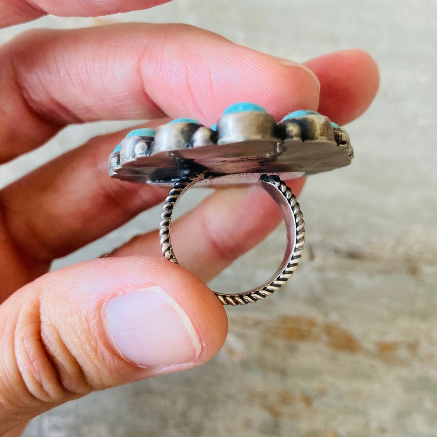 Navajo Daniel Benally Sterling Silver & Kingman Turquoise Cluster Ring