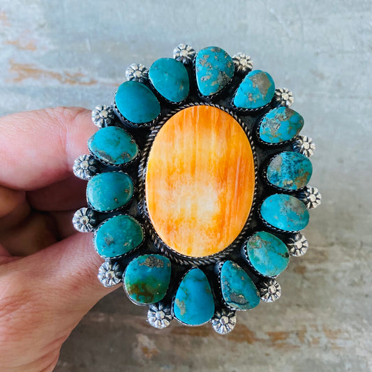 Navajo Lorenzo Jerilyn Chee Sterling Silver - Orange Spiny & Kingman Turquoise Cluster Ring