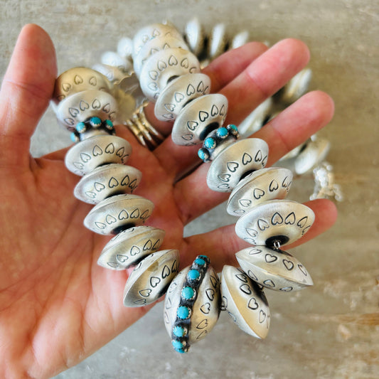 Navajo Monika Smith Sterling Silver & Kingman Turquoise Hearts Graduated Handmade Pearls