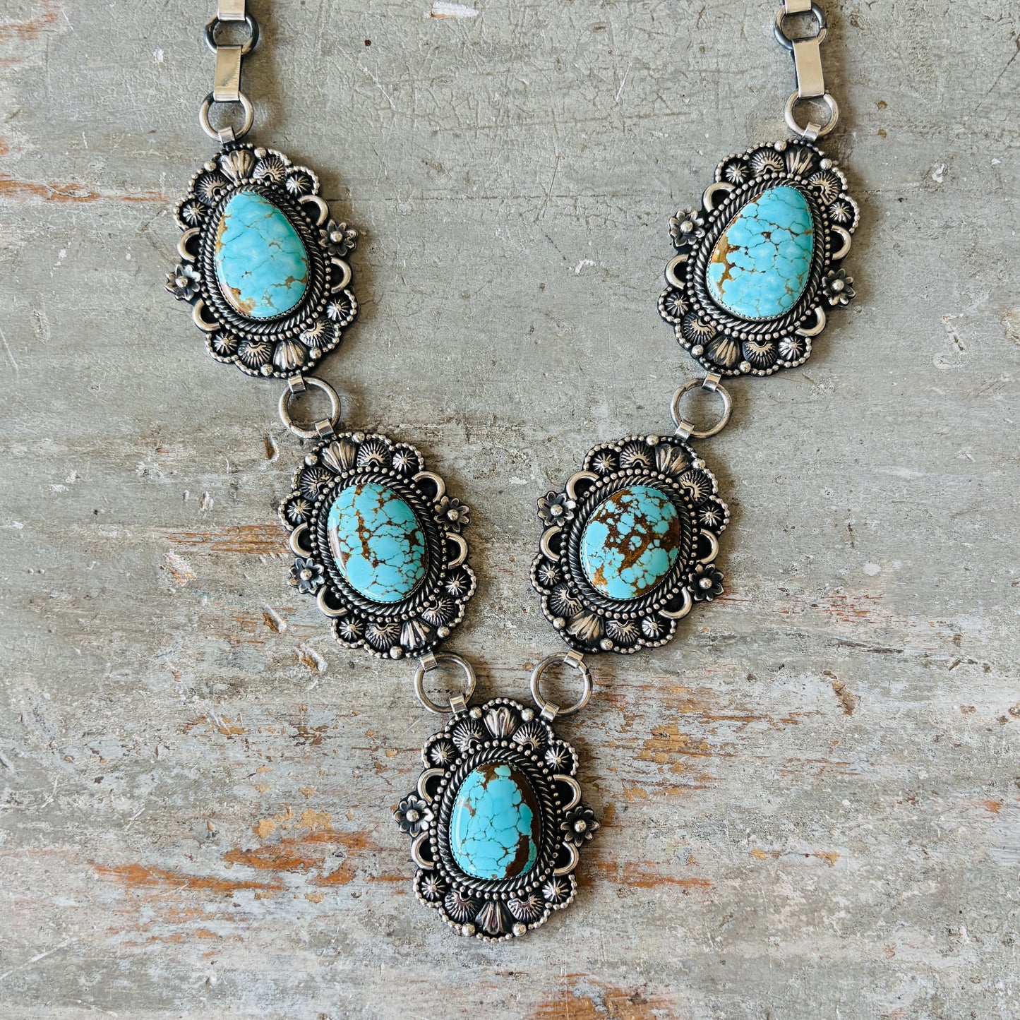 Navajo Braxton Parkett Sterling Silver & #8 Turquoise Statement Necklace