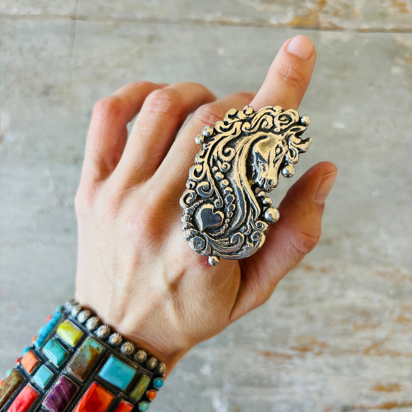 Navajo Ryan Chee Sterling Silver Horse Heart Tufa Cast Ring