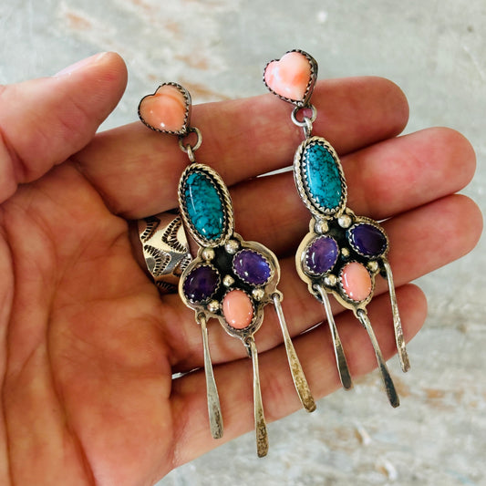 Vintage Melvin Francis Sterling Silver Multi Stone Heart Earrings