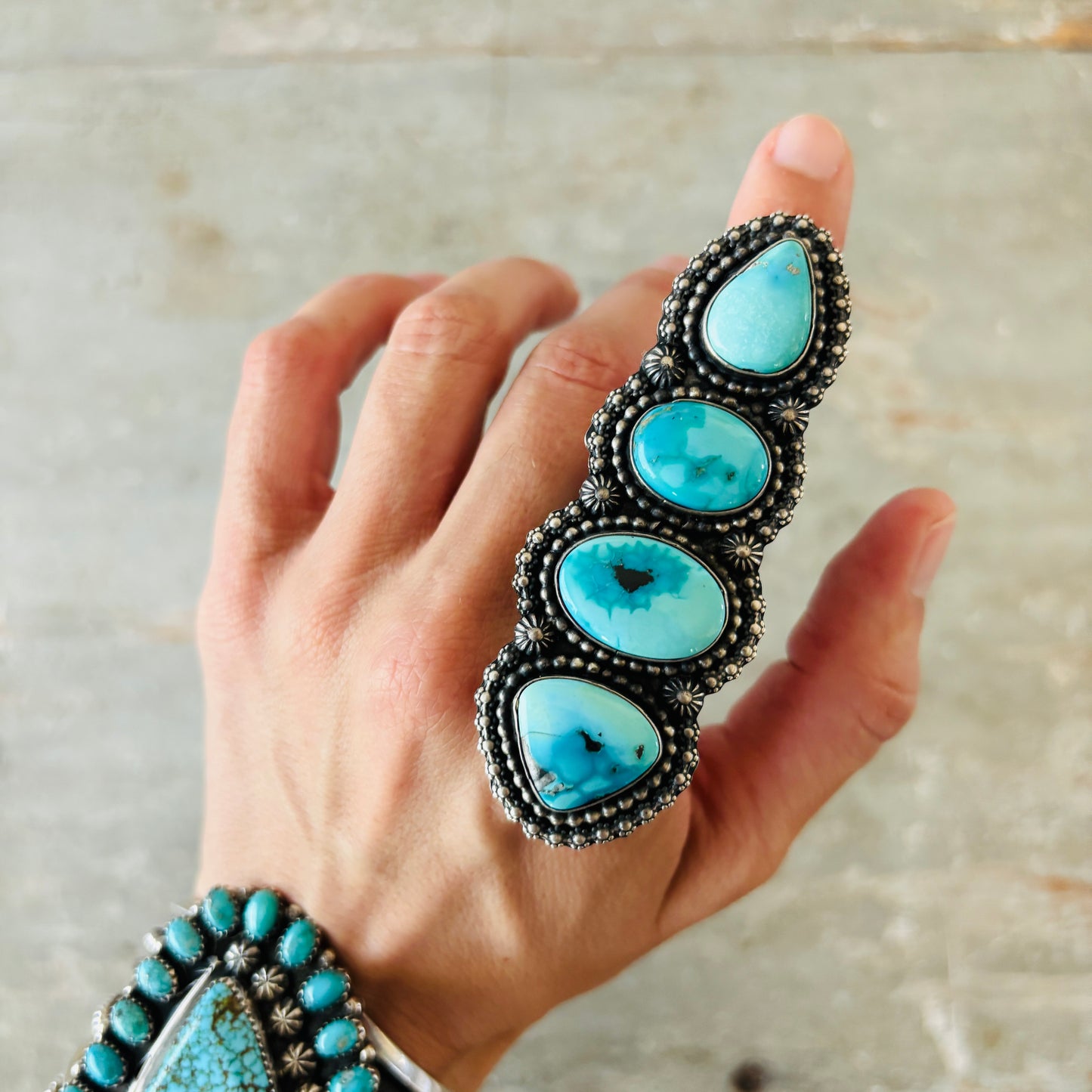 Navajo Shawn Cayatineto Sterling Silver & Sonoran Turquoise Crawler Ring