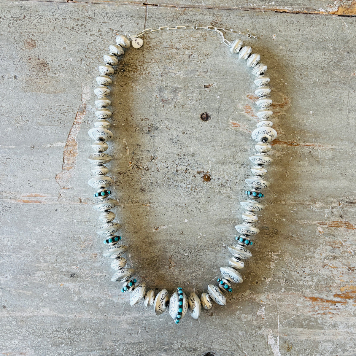 Navajo Monika Smith Sterling Silver & Kingman Turquoise Hearts - Stars Graduated Handmade Pearls