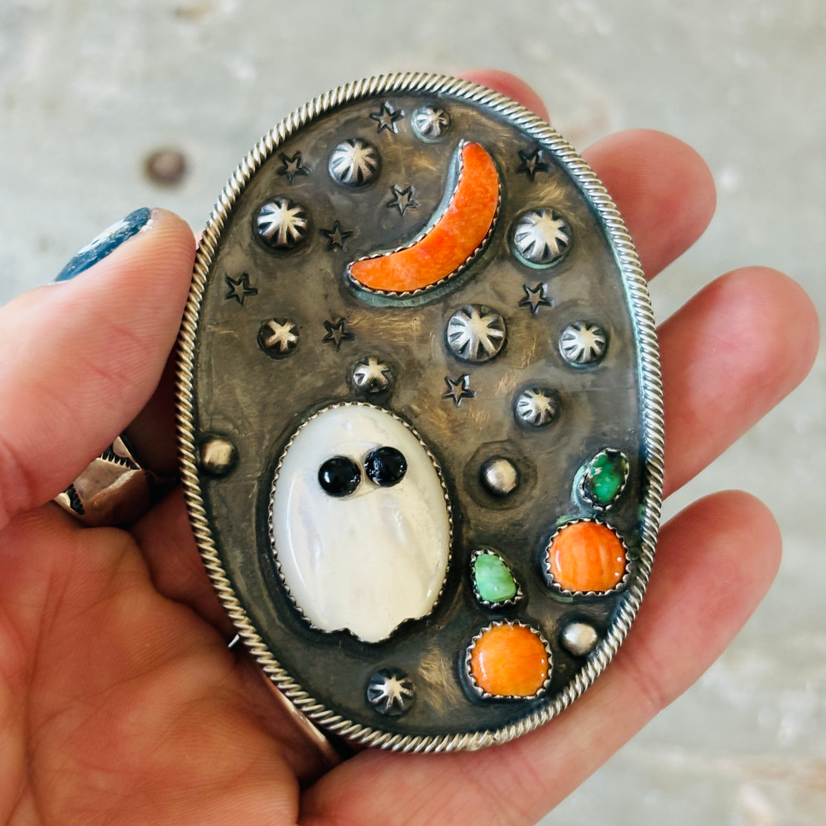 Navajo Readda Begay Sterling Silver - Mother of Pearl - Orange Spiny Oyster & Black Onyx Ghost Pendant