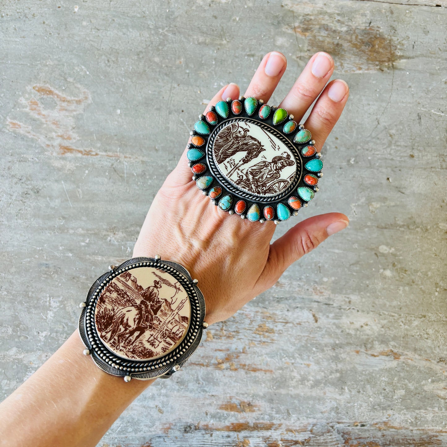 Navajo Kindale Billah Sterling Silver - Ceramic - Mojave & Kingman Turquoise Cowboy Ring