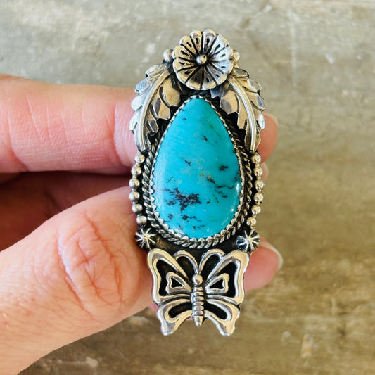 Navajo Brenda Jimenez Sterling Silver & Kingman Turquoise Butterfly Flower Ring