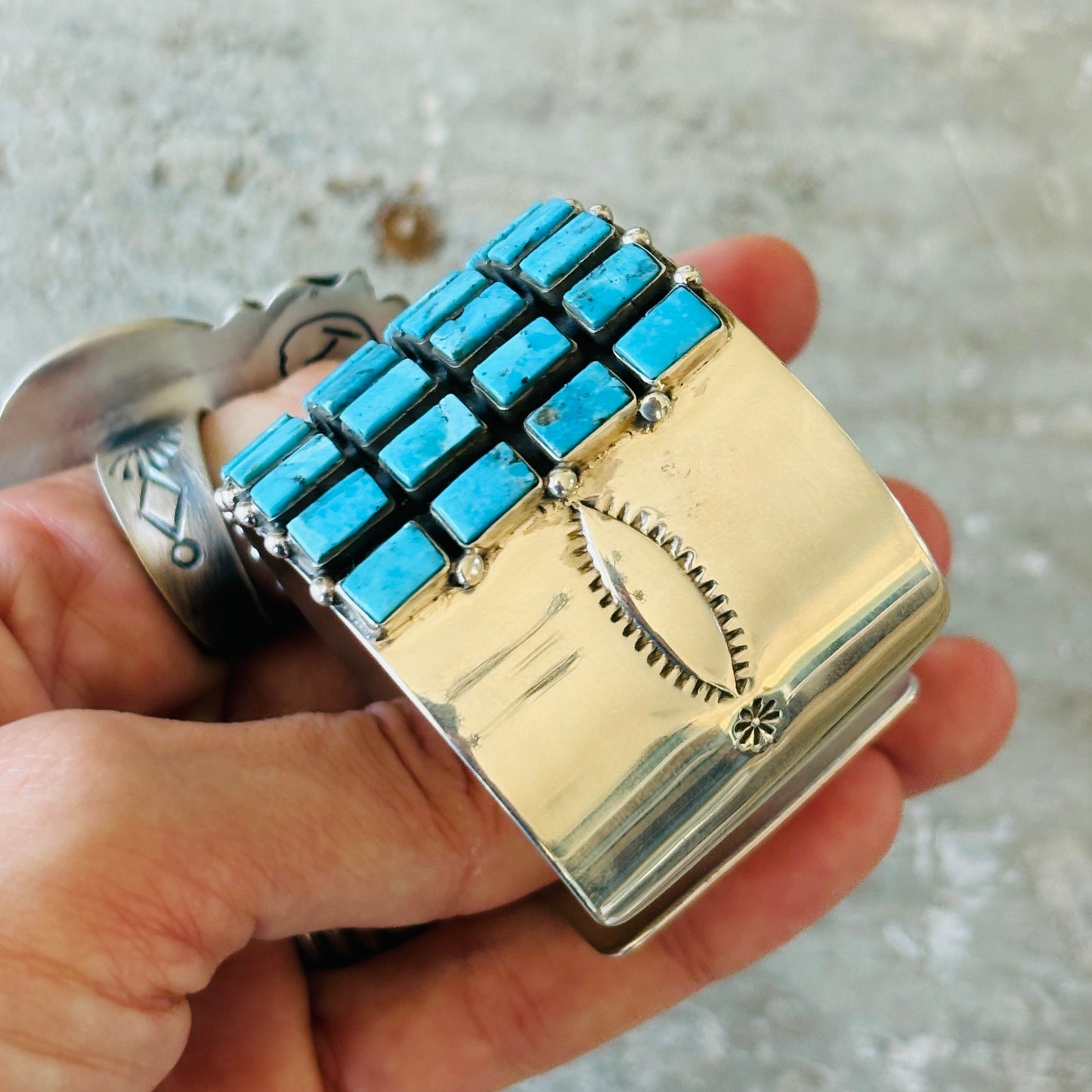 Navajo Violet Nez Sterling Silver & Kingman Turquoise Four Row Statement Cuff
